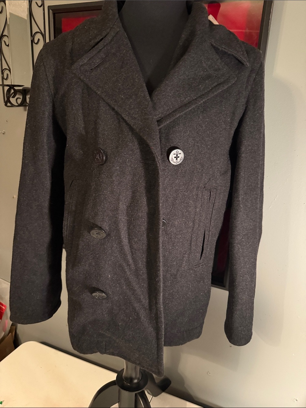 American Eagle Outfitters Black Wool Pea Coat with White Label-Medium